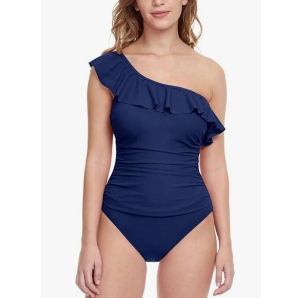 Gottex Women’s Ruffle One-Piece Swimsuit one shoulder Navy blue size 16 NWT Read